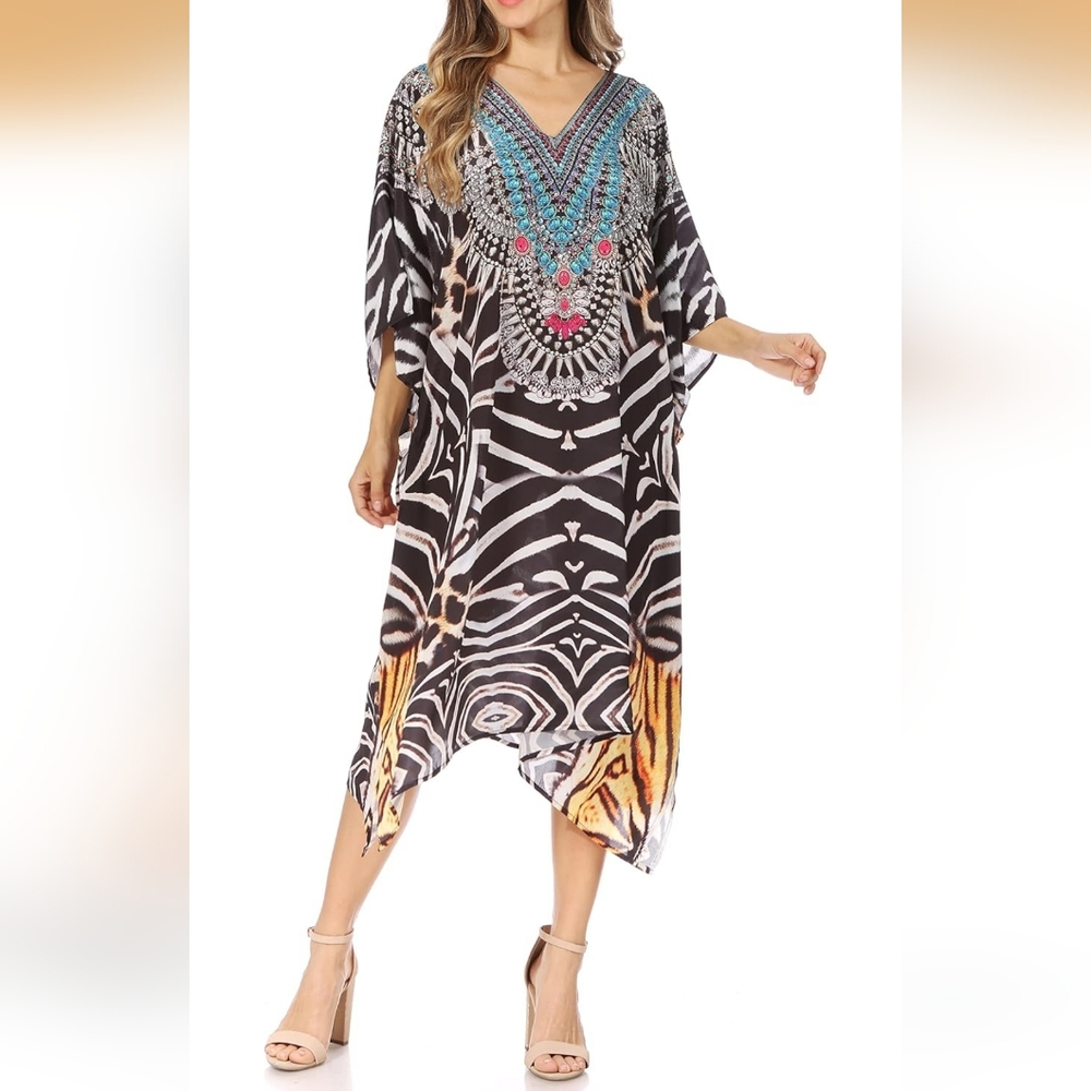 Sakkas Miui Ligthweight Rhinestone V Neck Printed Short Caftan Dress/Cover Up